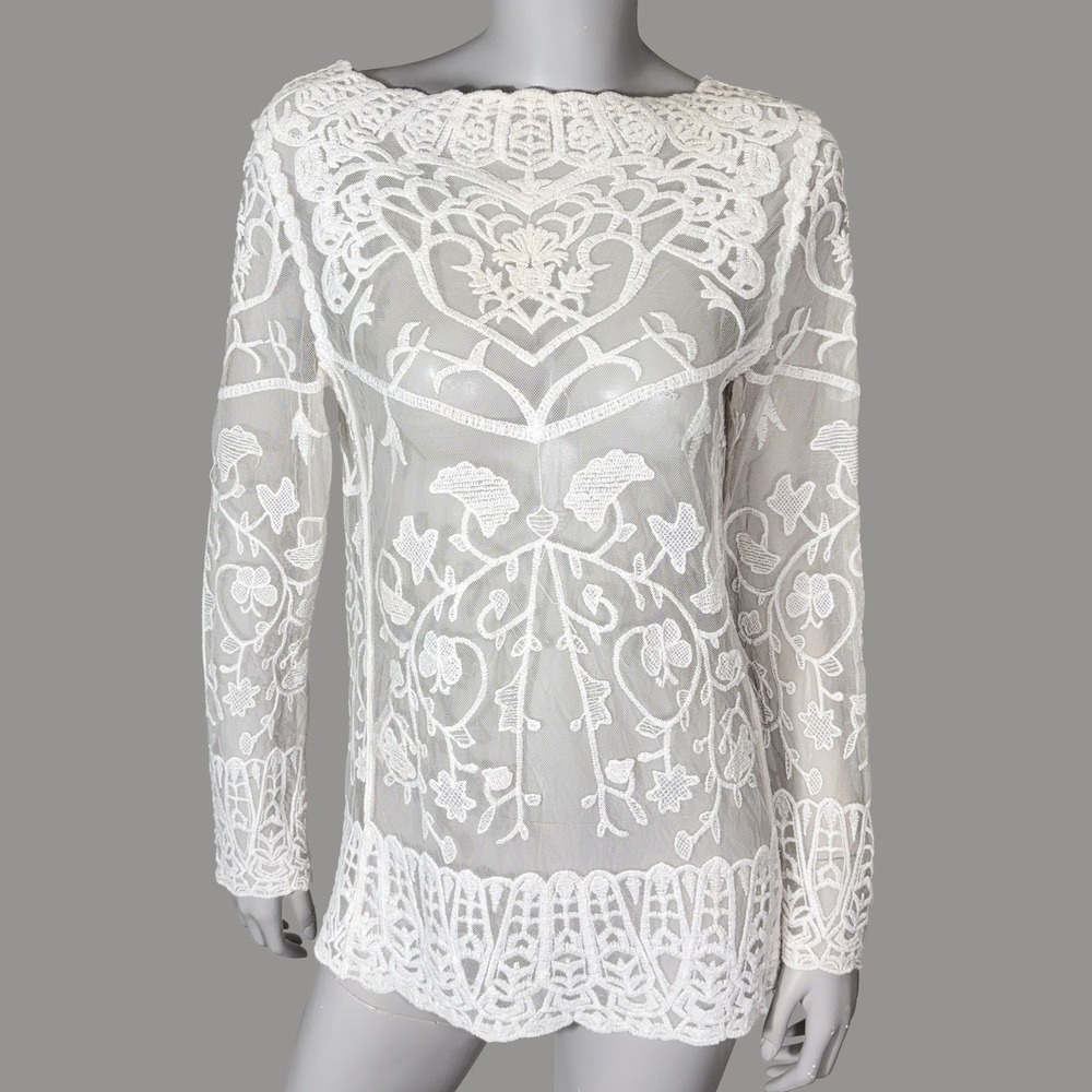 Breeze Ever Sheer Mesh Floral Embroidered Boho Top Womens S White Long Sleeve